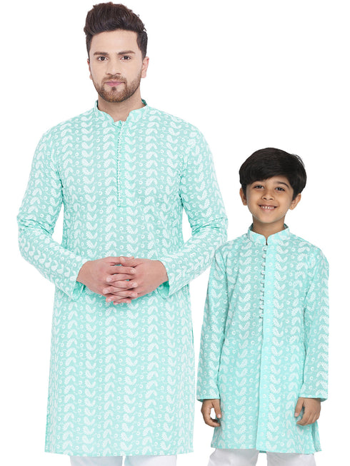 Vastramay Green Pure Cotton Chikankari Kurta Blend Baap Beta Set